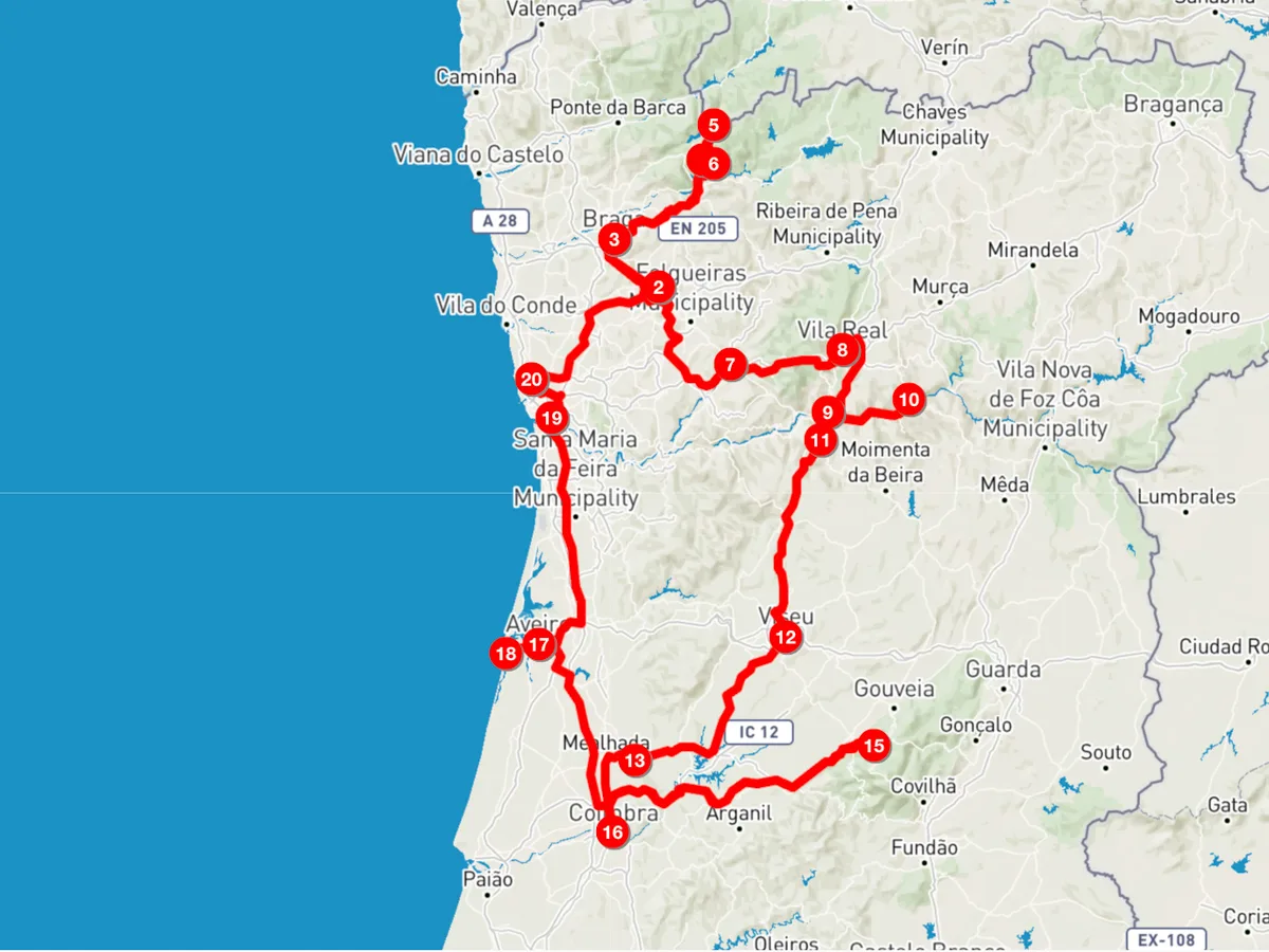 mappa del Portogallo del Nord con i punti dell'itinerario