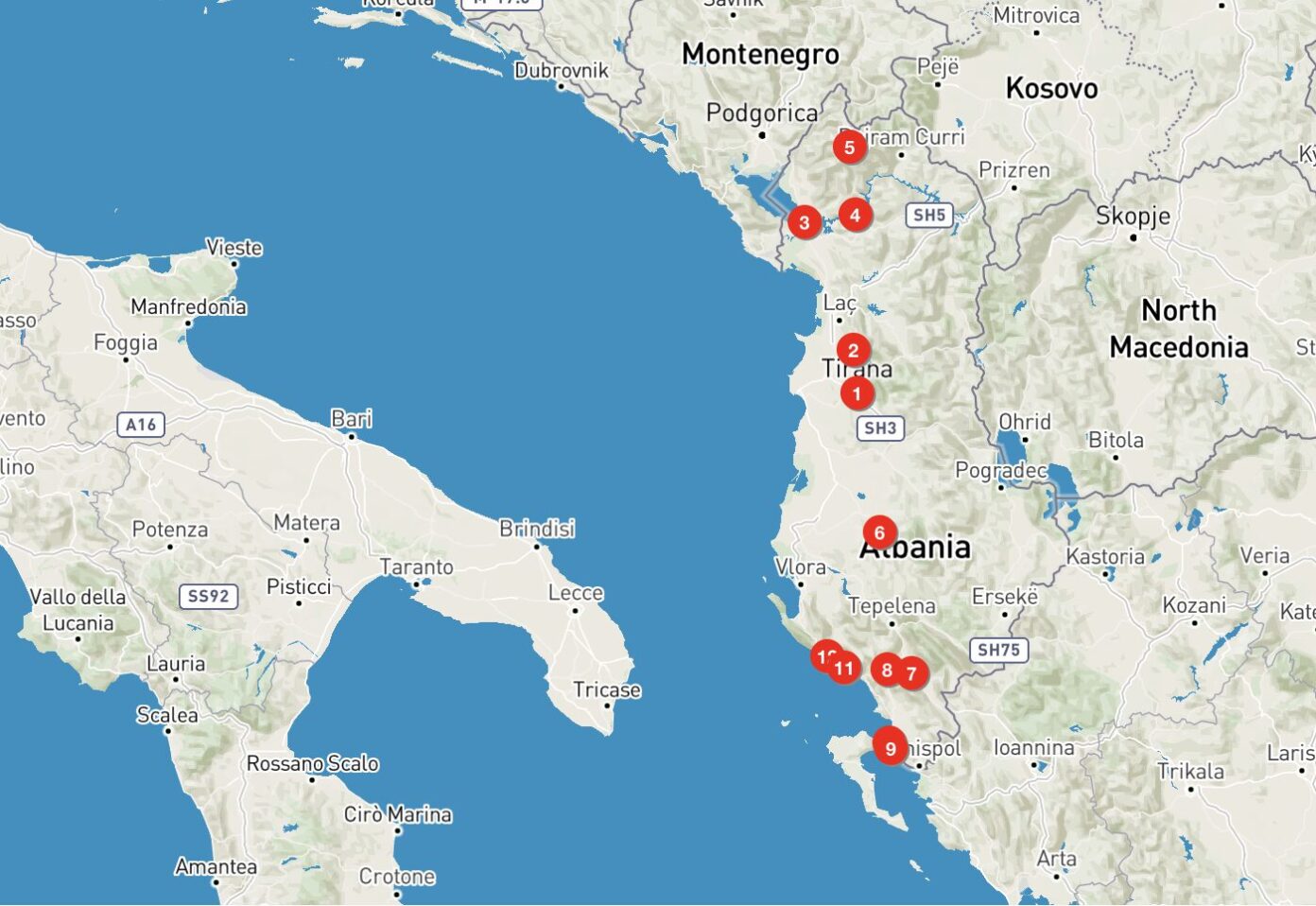 Mappa con i punti del mio itinerario in Albania