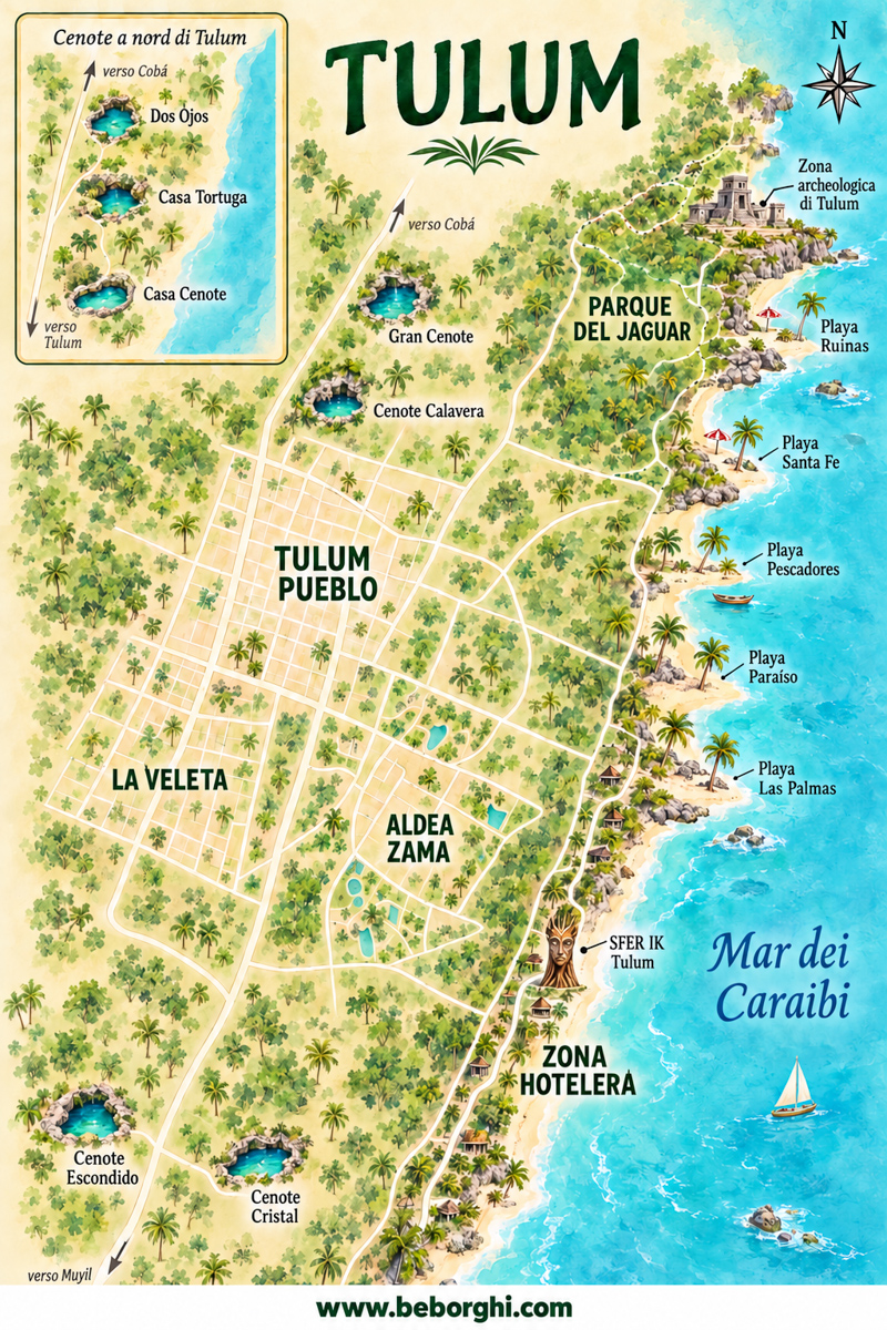 Mappa di Tulum con quartieri, spiagge, rovine maya e cenote