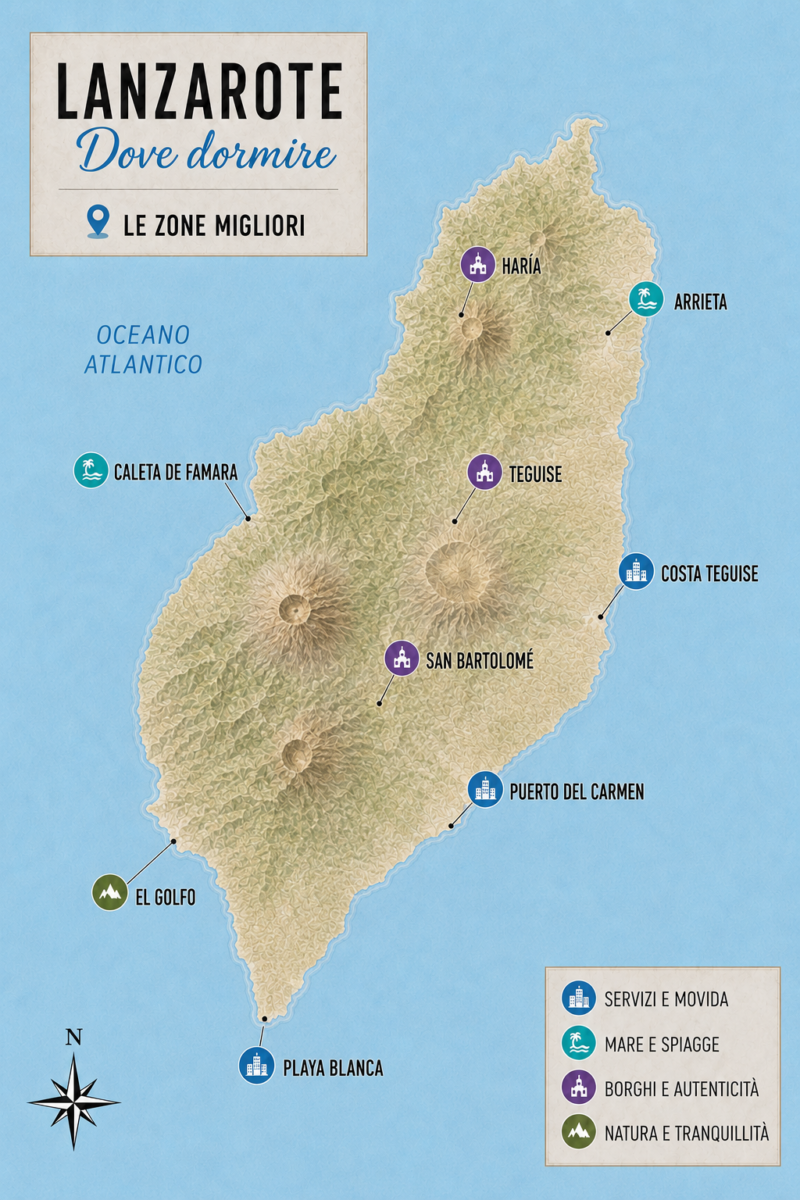 mappa su dove dormire a Lanzarote
