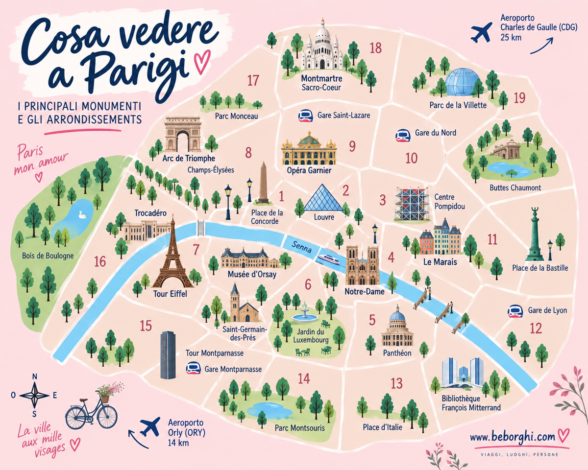 Mappa di Parigi con gli arrondissement e i principali monumenti