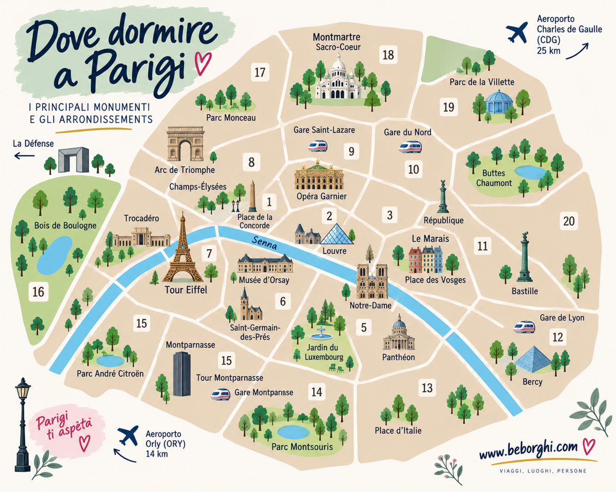Mappa dove dormire a Parigi con arrondissement e principali monumenti