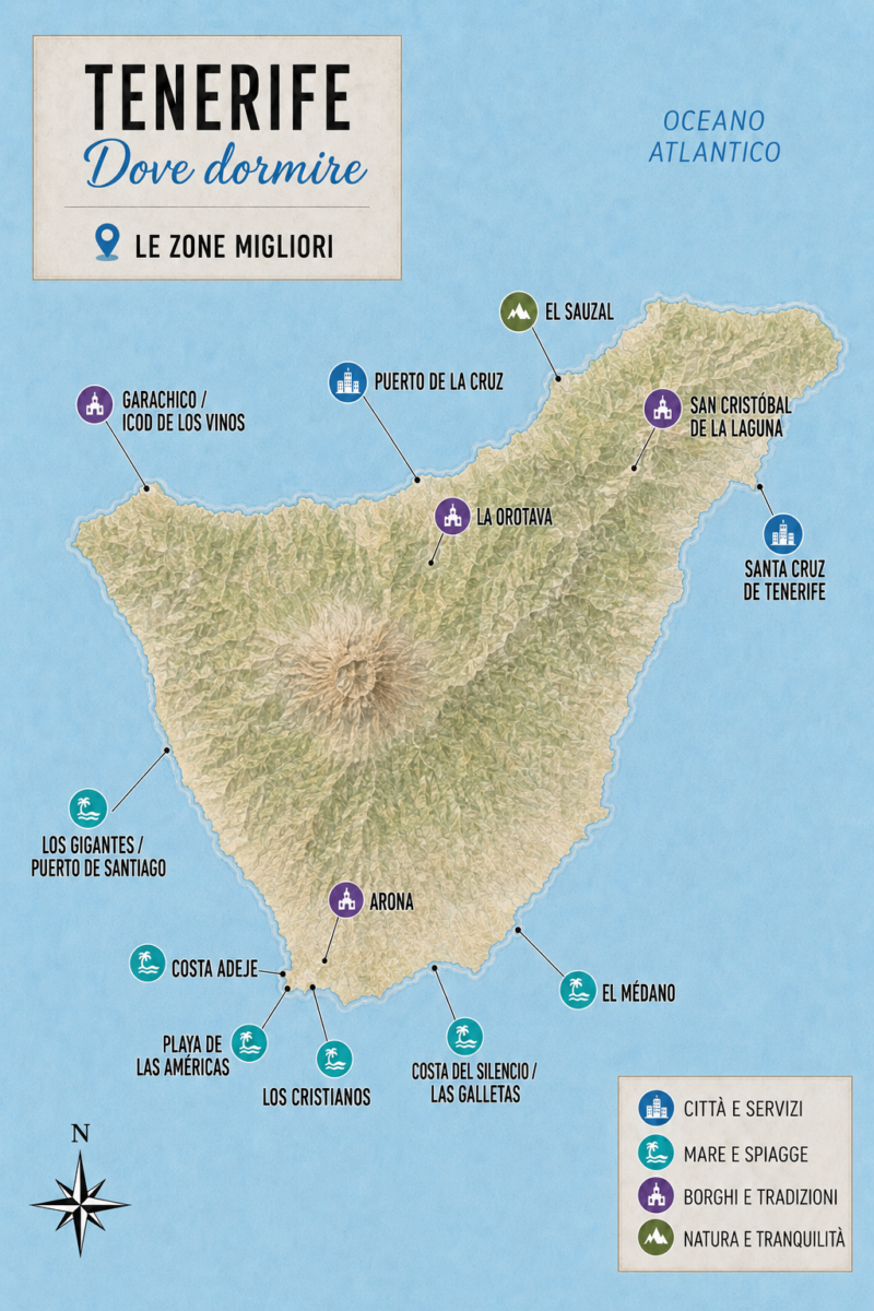 Mappa delle zone migliori dove alloggiare a Tenerife, da Costa Adeje e Los Cristianos a Puerto de la Cruz e Santa Cruz