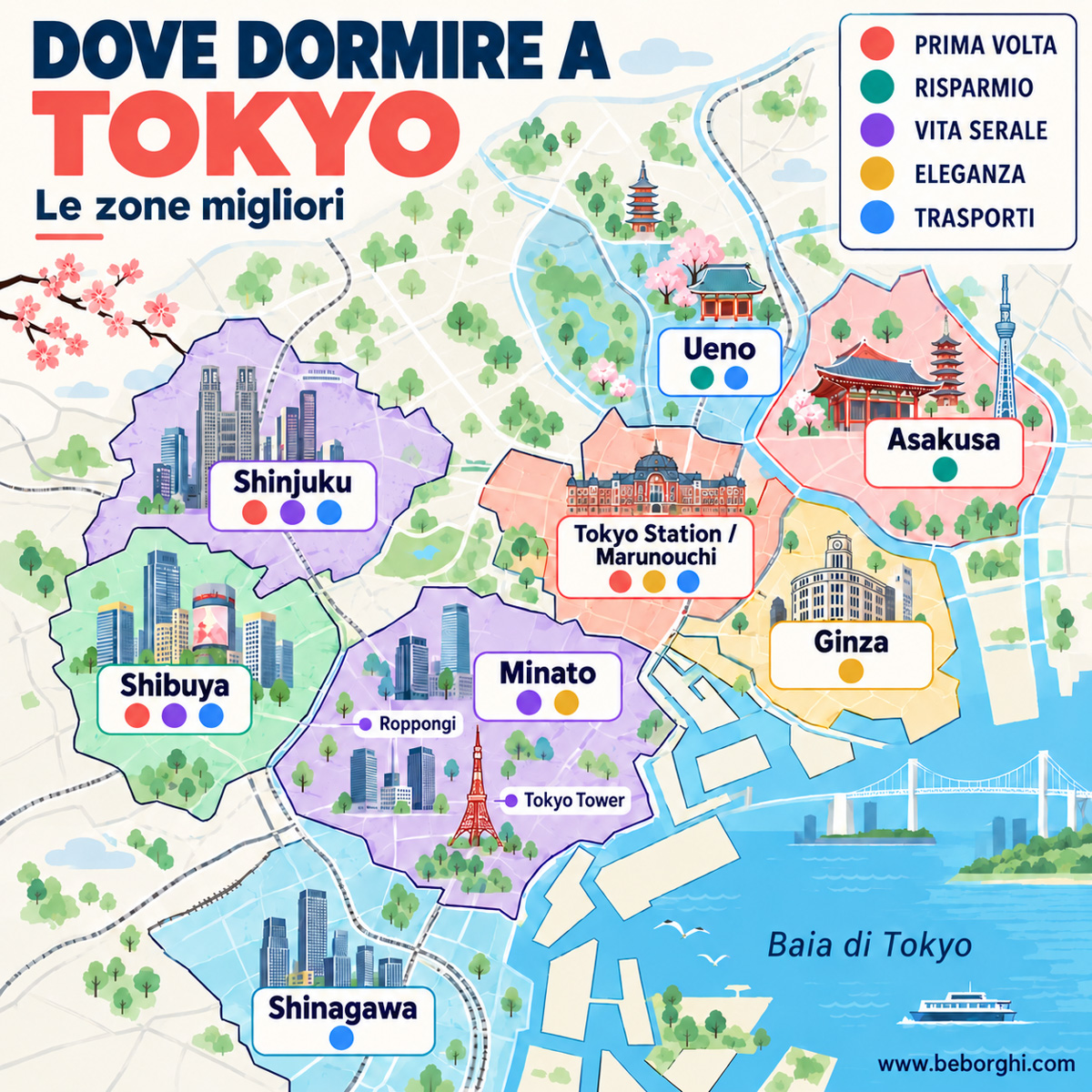 Mappa delle zone migliori dove dormire a Tokyo